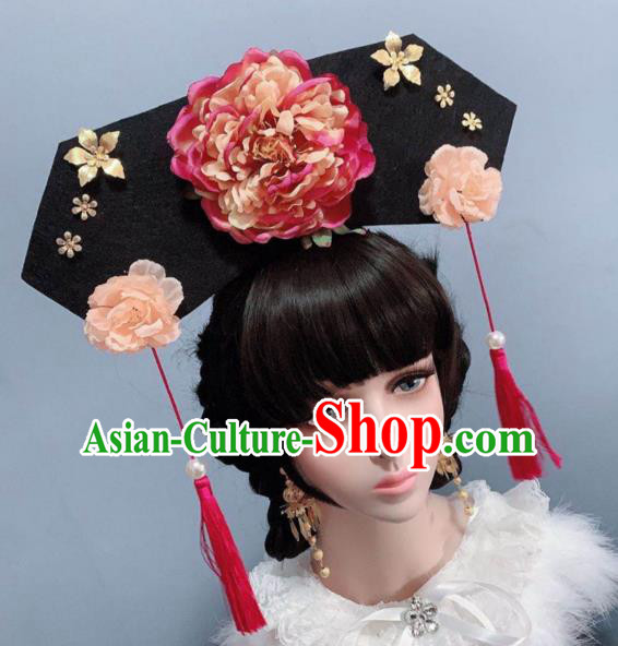 China Traditional Hair Accessories Ancient Princess Peony Hat Qing Dynasty Palace Lady Headwear