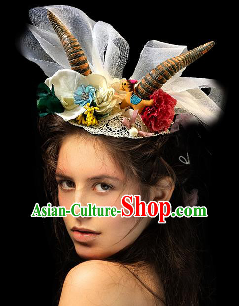 Handmade Stage Show Flowers Top Hat Headdress Halloween Cosplay Hair Accessories Princess Horn Royal Crown
