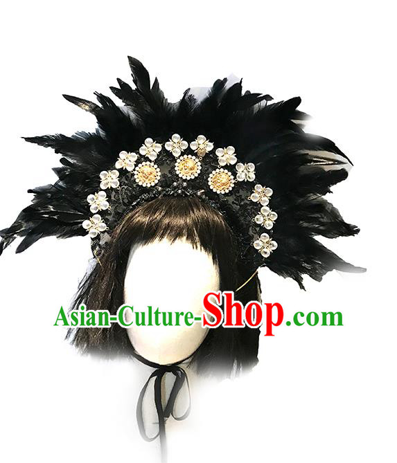 Handmade Stage Show Headdress Halloween Cosplay Hair Accessories Gothic Queen Black Feather Royal Crown