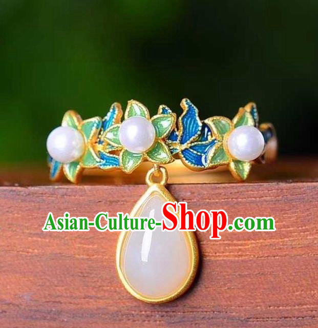 China Ancient Court Queen Cloisonne Ring Traditional Hanfu White Chalcedony Jewelry Accessories