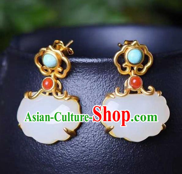 Handmade Chinese Ancient Empress Earrings Jewelry Traditional Qing Dynasty Court Jade Ear Accessories