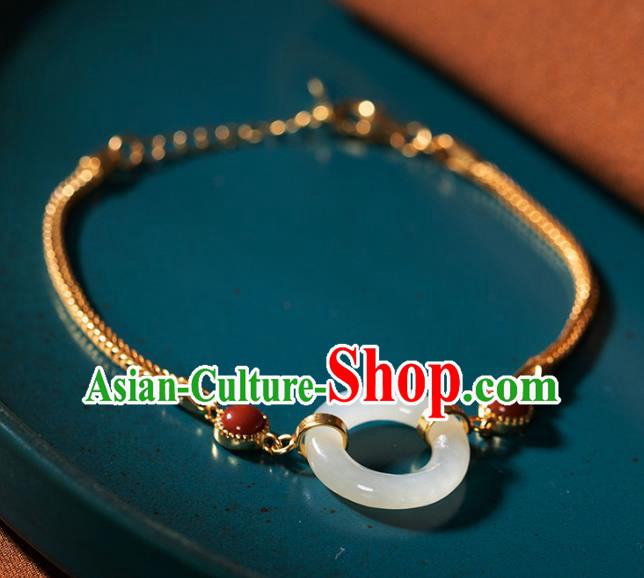 China Traditional National Accessories Red Coral Bracelet White Jade Ring Golden Bangle