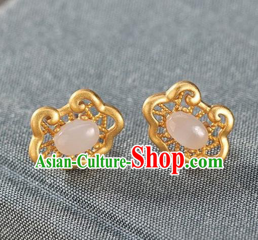 Handmade Chinese Traditional Golden Cloud Ear Accessories Classical Cheongsam Chalcedony Earrings Jewelry