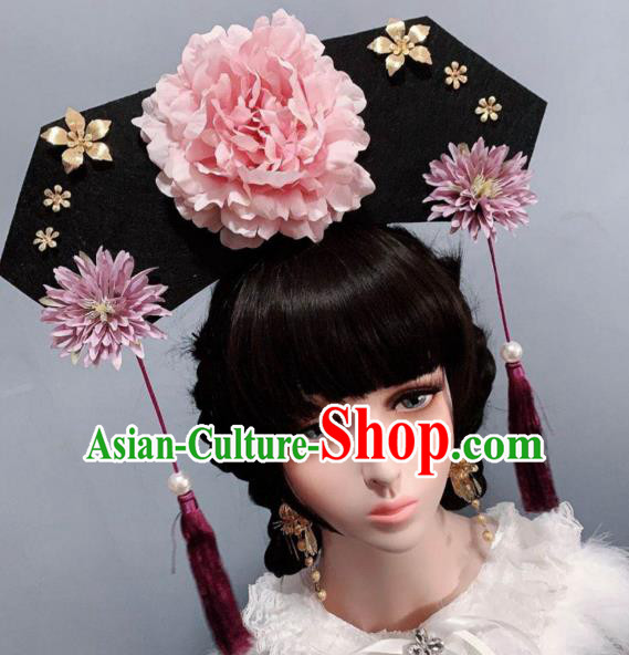 China Traditional Qing Dynasty Pink Peony Hat Giant Headwear Ancient Princess Hair Accessories