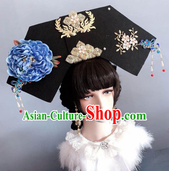 China Traditional Giant Headwear Ancient Imperial Consort Hair Accessories Qing Dynasty Manchu Peony Hat