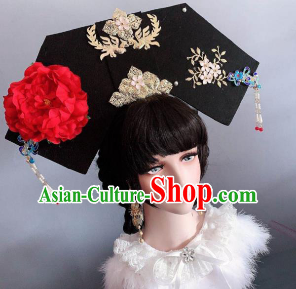 China Traditional Ancient Court Giant Headwear Qing Dynasty Imperial Consort Red Peony Hat