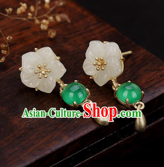 Handmade Chinese Traditional White Jade Plum Blossom Ear Accessories Classical Cheongsam Earrings Jewelry