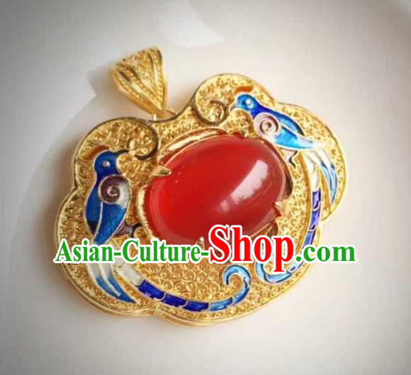 China Ancient Court Queen Cloisonne Magpie Necklace Traditional Qing Dynasty Golden Agate Jewelry Necklet Pendant Accessories