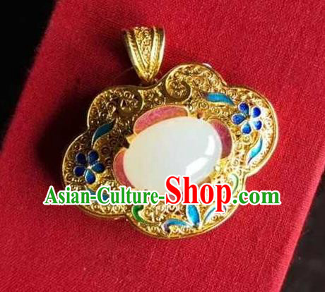 China Traditional Qing Dynasty White Chalcedony Jewelry Necklet Pendant Accessories Ancient Court Queen Cloisonne Necklace