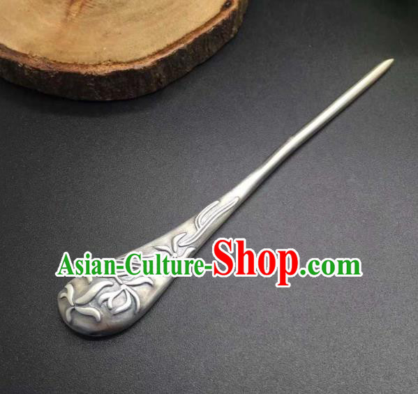 China Ancient Princess Hairpin Traditional National Carving Orchids Silver Hair Stick Handmade Hair Accessories