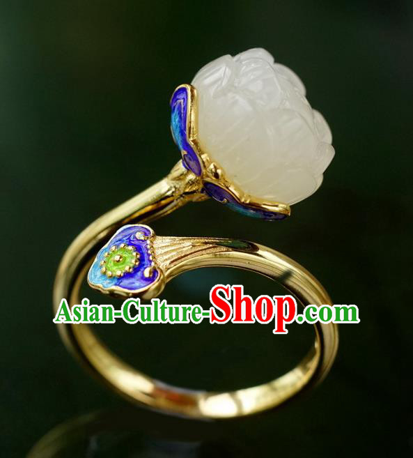 China Ancient Court Queen White Jade Lotus Seedpod Ring Traditional Cloisonne Jewelry Accessories