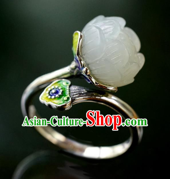 China Traditional Enamel Jewelry Accessories Ancient Court Queen White Jade Lotus Seedpod Silver Ring