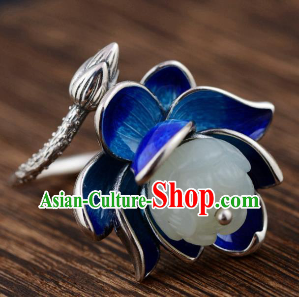 China Ancient Court Queen Cloisonne Lotus Ring Traditional Hanfu White Jade Jewelry Accessories