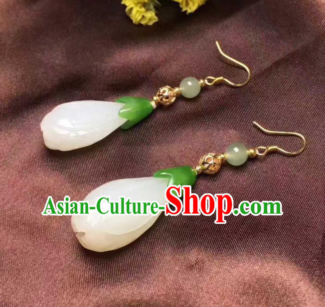 Handmade Chinese Traditional Ear Accessories Classical Qing Dynasty Court Jade Mangnolia Earrings Jewelry