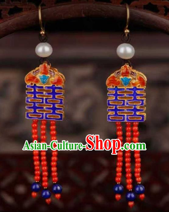 Handmade Chinese Qing Dynasty Red Beads Tassel Earrings Jewelry Traditional Classical Wedding Bride Ear Accessories