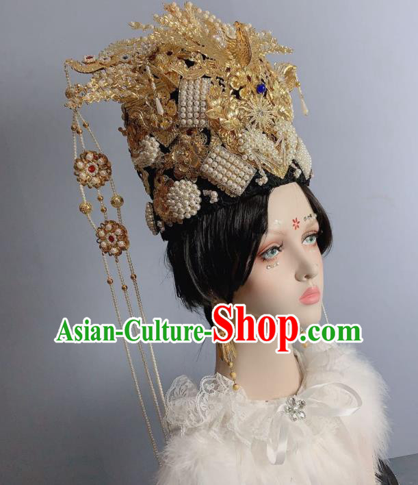 China Ancient Imperial Empress Pearls Tassel Phoenix Coronet Traditional Ming Dynasty Court Queen Luxury Hat Headwear