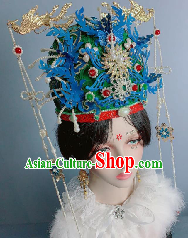 China Traditional Ming Dynasty Wedding Headwear Ancient Empress Green Phoenix Coronet Court Queen Luxury Hat