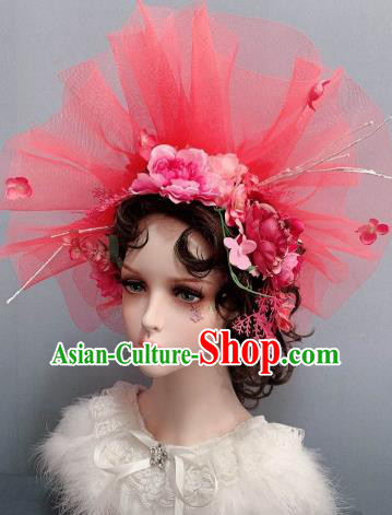 Europe Princess Watermelon Red Veil Top Hat Noble Lady Wedding Hair Accessories Handmade Stage Show Headwear