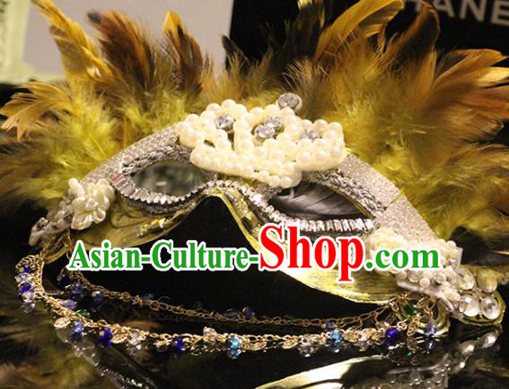 Top Stage Performance Yellow Feather Face Accessories Fancy Ball Decorations Halloween Cosplay Mask Crystal Blinder