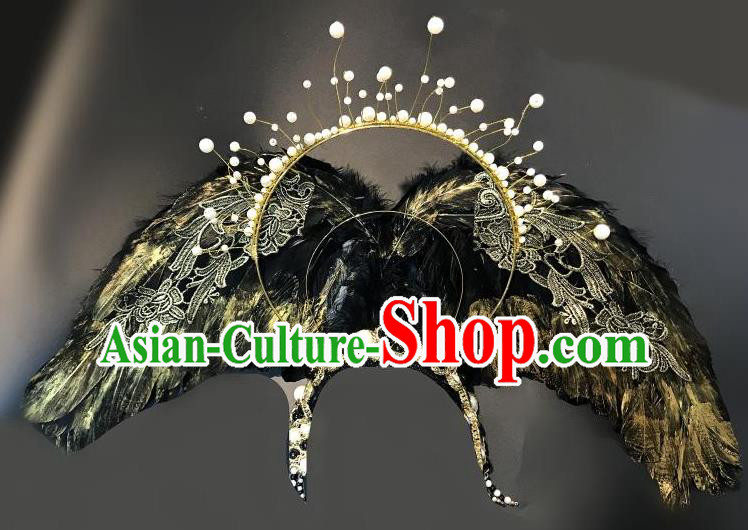 Handmade Stage Show Hair Clasp Brazilian Carnival Cosplay Queen Headwear Halloween Black Feather Wings Hair Accessories