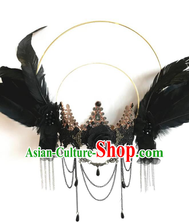 Handmade Brazilian Carnival Cosplay Goddess Queen Headwear Halloween Black Feather Wings Hair Accessories Stage Show Hair Clasp