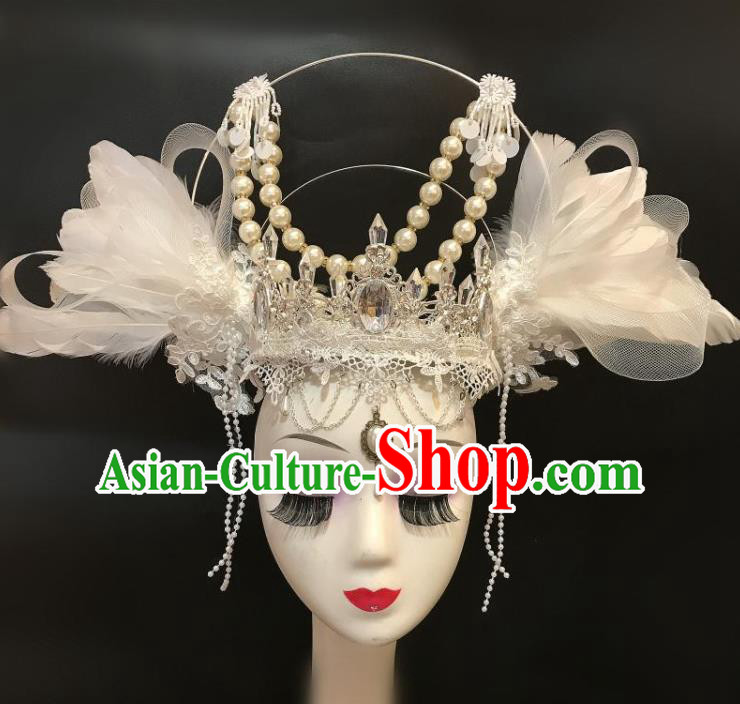 Handmade Cosplay Gothic Queen Royal Crown Stage Show Hair Clasp Halloween White Feather Wings Hair Accessories