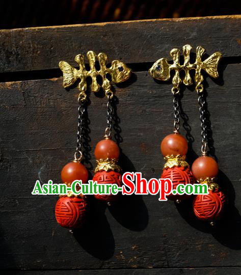 China Traditional Vermilion Carving Beads Jewelry Handmade Ear Accessories National Golden Fishbone Tassel Earrings