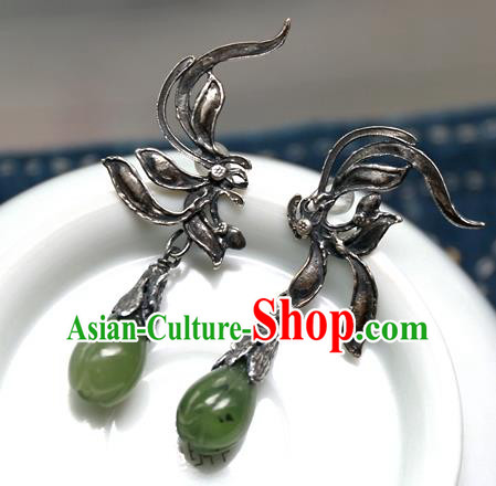 China Handmade Qing Dynasty Jade Mangnolia Ear Accessories Ancient Court Empress Earrings Traditional National Silver Jewelry