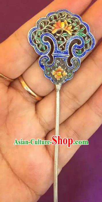 China Handmade Palace Hair Accessories Ancient Empress Cloisonne Hair Stick Traditional Qing Dynasty Silver Hairpin