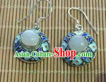 Handmade Chinese Qing Dynasty Cloisonne Earrings Jewelry Traditional Classical Cheongsam White Jade Ear Accessories