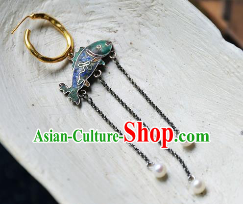 China Handmade Qing Dynasty Blueing Fish Ear Accessories Traditional National Jewelry Ancient Court Empress Pearls Tassel Earrings