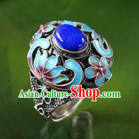 China Ancient Court Woman Lapis Jewelry Traditional Qing Dynasty Queen Cloisonne Ring Silver Accessories