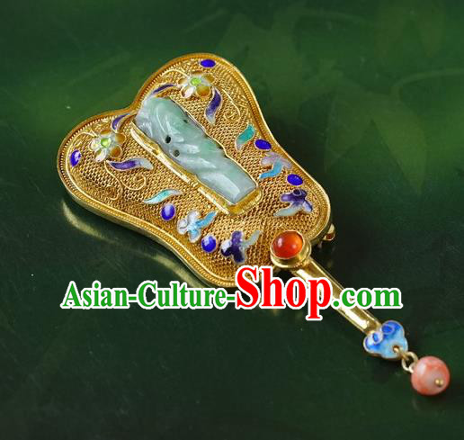 China Traditional Handmade Qing Dynasty Palace Golden Fan Brooch National Jade Breastpin Accessories