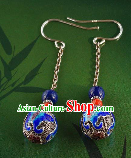 Handmade Chinese Ancient Empress Blueing Butterfly Ear Accessories Traditional Qing Dynasty Palace Silver Earrings Jewelry