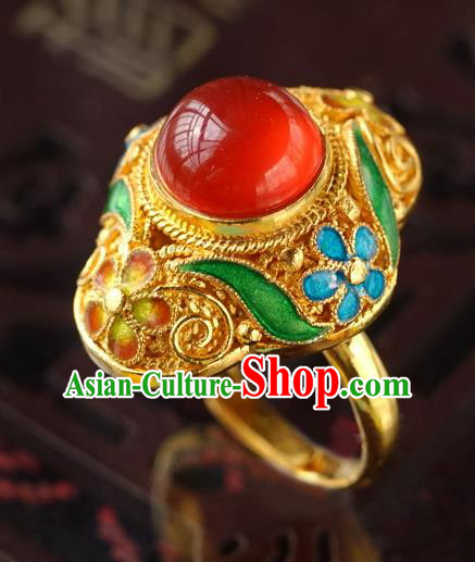 China Traditional Qing Dynasty Golden Ring Accessories Ancient Court Woman Carnelian Circlet Jewelry