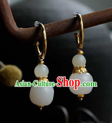 China Handmade Qing Dynasty Queen Ear Accessories National Court Earrings Traditional White Jade Jewelry