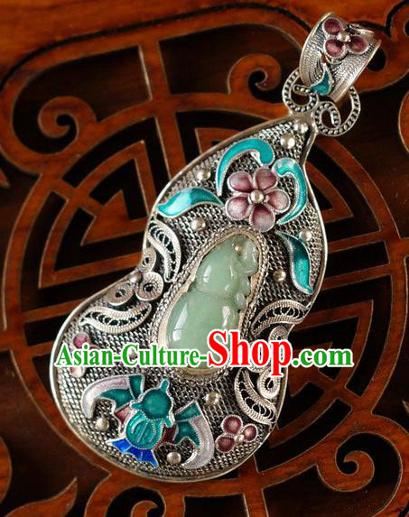 China Traditional National Jade Gourd Silver Jewelry Accessories Handmade Cloisonne Bat Necklace Pendant