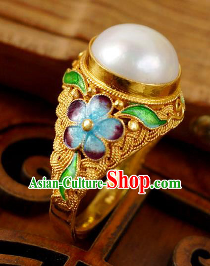 China Ancient Court Woman Golden Circlet Cloisonne Jewelry Traditional Qing Dynasty Pearl Ring Accessories