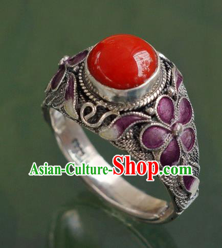 China Ancient Court Woman Cloisonne Purple Plum Circlet Silver Jewelry Traditional Qing Dynasty Ruby Ring Accessories