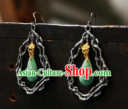 China National Silver Jewelry Traditional Ancient Qing Dynasty Palace Lady Earrings Handmade Jade Ear Accessories