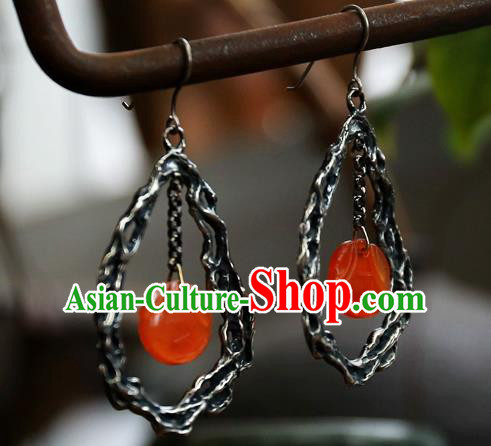 China Handmade Agate Ear Accessories National Silver Jewelry Traditional Ancient Qing Dynasty Palace Lady Earrings