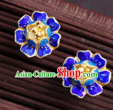 Handmade Chinese Traditional Enamel Royalblue Peony Earrings Jewelry Cheongsam Ear Accessories