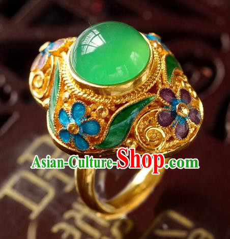 China Traditional Qing Dynasty Empress Circlet Jewelry Golden Ring Ancient Court Woman Chrysoprase Accessories