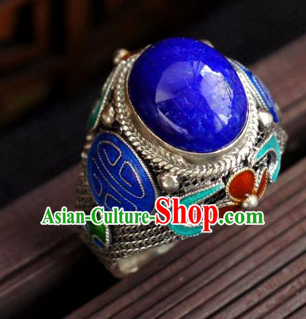 China Ancient Court Woman Lapis Ring Accessories Traditional Qing Dynasty Empress Silver Circlet Jewelry