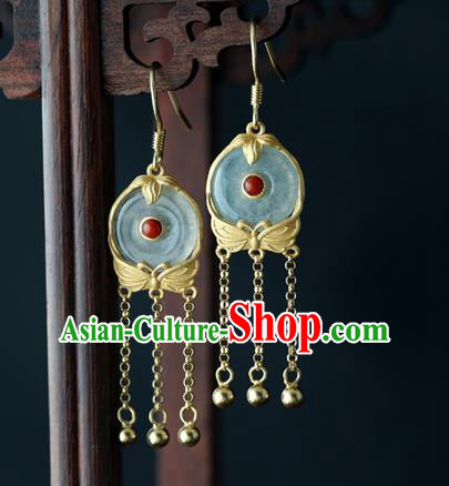 Handmade Chinese Traditional Golden Bells Tassel Earrings Jewelry Cheongsam Jade Ear Accessories