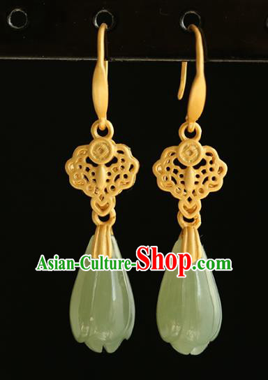 Handmade Chinese Traditional Cheongsam Golden Earrings Jewelry Jade Mangnolia Ear Accessories