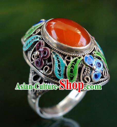 China Traditional Silver Circlet Jewelry Qing Dynasty Agate Ring Ancient Court Woman Accessories