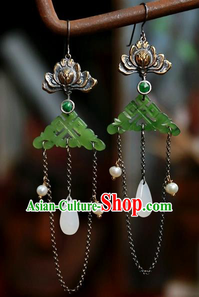 China National Carving Lotus Jewelry Handmade Jade Ear Accessories Traditional Ancient Qing Dynasty Earrings