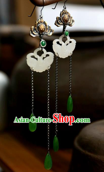 China National Jewelry Handmade Carving Lotus Ear Accessories Traditional Ancient Qing Dynasty White Jade Butterfly Earrings