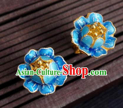 Handmade Chinese Traditional Cheongsam Ear Accessories Enamel Blue Peony Earrings Jewelry